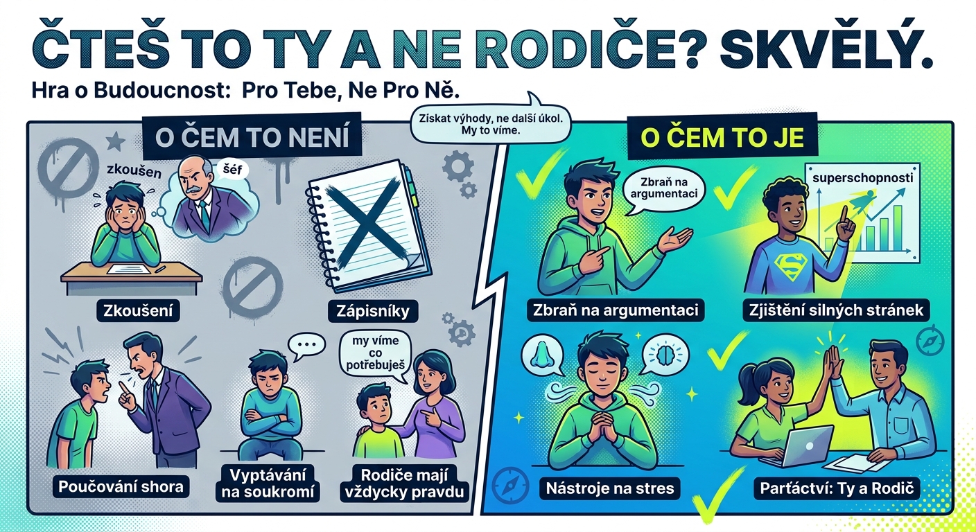Moderní ilustrace pro teenagery: Srovnání toho, co "Hra o Budoucnost" NENÍ (Zkoušení, Zápisníky, Poučování shora, Vyptávání na soukromí, Rodiče mají vždycky pravdu - s ikonou "my víme co potřebuješ") s tím, o čem to JE (Zbraň na argumentaci, Zjištění silných stránek, Nástroje na stres, Parťáctví: Ty a Rodič). Záhlaví: "ČTEŠ TO TY A NE RODIČE? SKVĚLÝ."